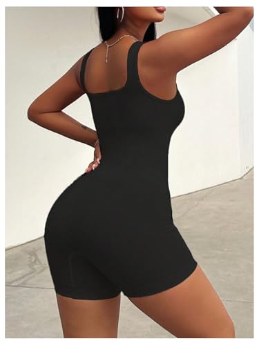 Image of WDIRARA Women's Workout Romper Gym Yoga Unitard Square Neck One Piece Shorts Jumpsuit