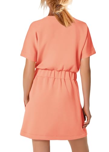 Image of SENSERISE Womens Short Sleeve T Shirt Dresses Crew Neck Solid Color Basic Smocked Waist Dress with Pockets