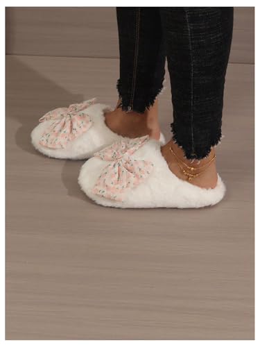 OYOANGLE Women's Floral Print Bow Decor Round Toe Faux Fur Slippers Comfortable Fuzzy Warm Slippers4