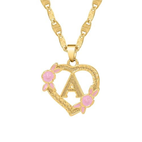 18k Plate Gold Initial Heart Necklace For Women Heart Flower Letter Pendant For Girl Alphabet Name Jewelry Gift For Women Her
