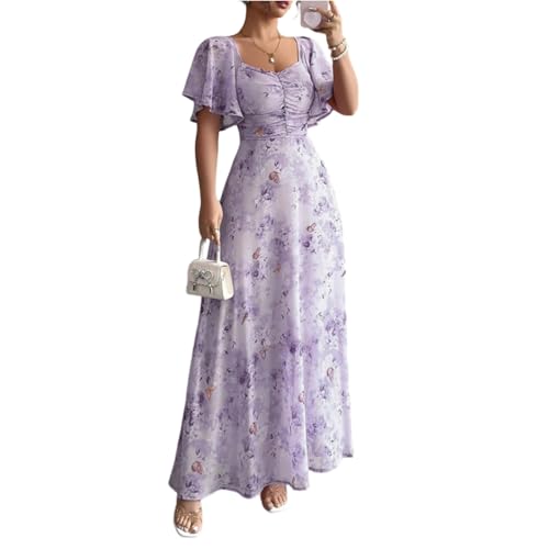 Dresses for Women 2026 Wedding Guest Elegant Classy Chiffon Bridesmaid Dress Butterfly Short Sleeve Boho Maxi Dress Sweetheart Neck Vacation A Line Dresses Ropa Elegante para Mujer Purple,XXL