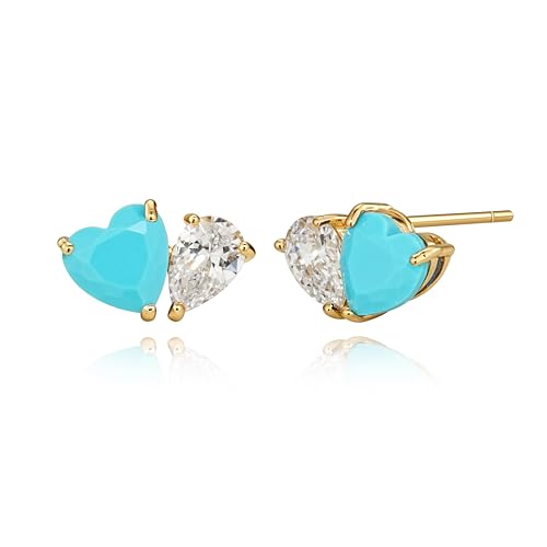 WEARON Turquoise Heart Stud Earrings for Women, 14K Gold Plated