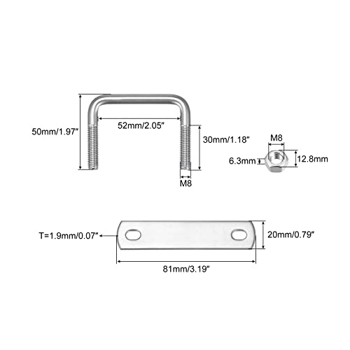 Image of uxcell Square U-Bolts, 52mm(2.05 inch) Inner Width 50mm Length M8 304 Stainless Steel U Clamp Bolt with Nuts and Plates, for Boat Trailer