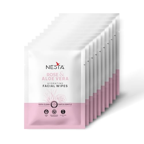 Image of Nesta Natural Hydrating Rose & Aloe Vera Soft Face Wet Wipes | Clears Dirt, Gives Fresh & Glowing Skin | Alcohol Paraben Silicon Free, (5 Packets x 10 Wipes = 50 Wipes)