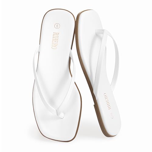 Image of Rihero Flip Flops for Women Comfortable Square Toe Beach Sandals Slip On Leather Thong Flat Sandals Dressy