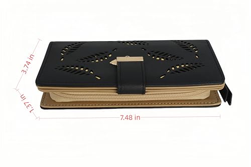 Women's long wallet, hollowed-out gold leaf pattern, double-folding zipper double-layer bag, 12 card slots, large-capacity zipper seal, 3.74 × 7.48 inches, black3