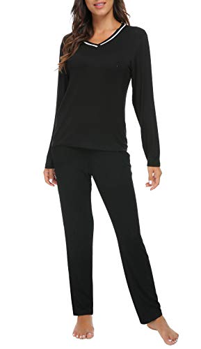 Invug Women Nightwear Long Sleeve Shirt Pants Pajama Set Sleepwear V Neck Pjs Black L