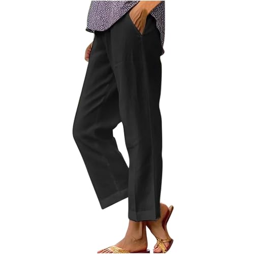 Black Linen Pants for Women 2026 Loose Leg Casual Pants with Pockets Travel Comfy Clothes for Flying Fashion Work Clothes Pantalon de Lino para Mujer