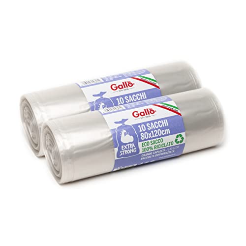 Plastica Riciclata Gallo, 20 SacchettI Spazzatura in Plastica Riciclata, Extrastrong, 80x120cm, Trasparenti