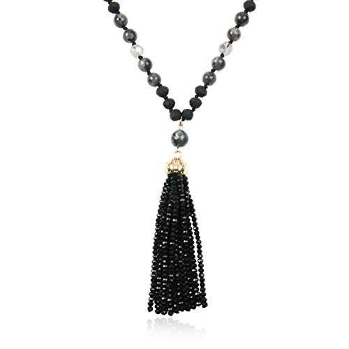 RIAH FASHION Bohemian Pendant Beaded Long Statement Necklace - Sparkly Crystal Bead Boho Teardrop, Natural Stone, Tassel Charm Wrap Lariat (Beaded Tassel - Black)