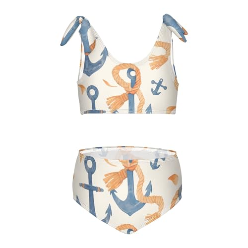 KLL Navy Blue Striped Rope and Ocean Watercolor Girls' 2 Piece Bikini Sets Quick-Dry Swimming Swimsuit Swimsuit