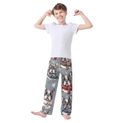 French Bulldog Snowflake Boys Long Pants Soft Trousers Elastic Waist Kids Lounge Bottoms with Pockets S-XL3