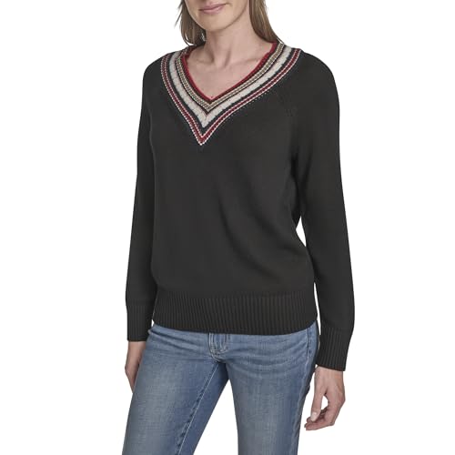 Tommy Hilfiger Women's Solid V-Neck Pullover Tipped Sweater3