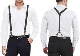 MUNION Leather Mens Suspenders Heavy Duty Y Back Adjustable with 4 Snap Hooks Vintage Mens Suspenders Brace Big and Tall