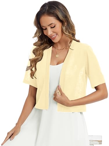 Image of Heymoments Women's Thin Shrugs Short Sleeve Lightweight Cropped Tops Open Front Knitted Cardigan for Dress Summer Bolero