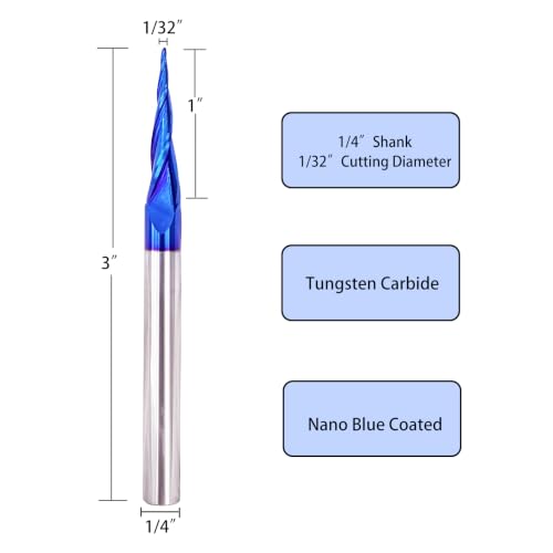 Image of Tapered Ball Nose End Mills 1 /4 inch Shank, 1 /32 inch Cutting Diameter, 6.2 Degree, Solid Carbide CNC Router Bits wiith Nano Coated for 2D /3D Milling Engraving Carving BRB362