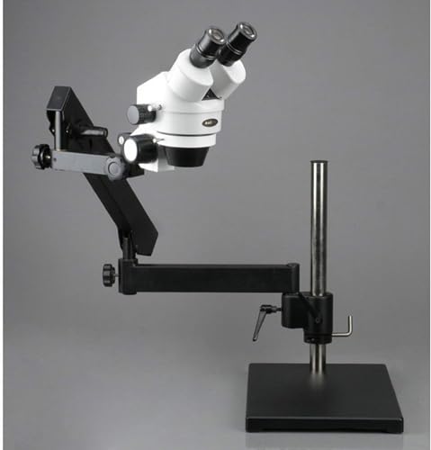 Image of AmScope SM-7B-FRL Professional Binocular Stereo Zoom Microscope, WH10x Eyepieces, 7X-45X Magnification, 0.7X-4.5X Zoom Objective, 8W Fluorescent Ring Light, Articulating-Arm Boom Stand, 110V-120V