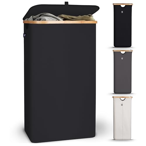 HENNEZ 100L Laundry Basket with Lid - Washing Hamper - Dirty Clothes Bin - Thick Fabric 220gsm, 100l Black, 100 l With Cover