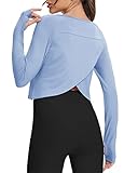 Bestisun Split Back Workout Long Sleeve Shirts Exercise Sports Clothes Activewear Running Tops for Women Light Blue S