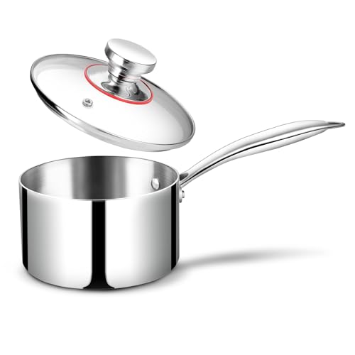 Joyfair Stielkasserolle, 14 cm, dreilagig, Edelstahl, mit Glasdeckel, kleiner Milchtopf/Soßentopf, Kochgeschirr für Induktion, Gas, Halogenofen, elektrische Keramik, ungiftig und leicht zu reinigen