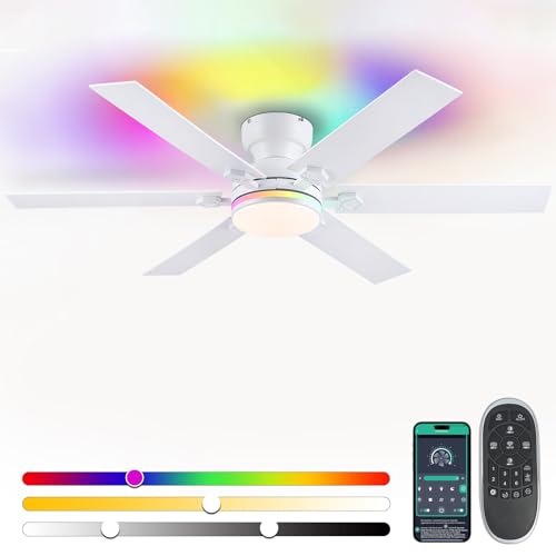 Image of 52 inch RGB Ceiling Fans with Lights and Remote,White Low Profile Ceiling Fans with Quiet Reversible DC Motor, Modern Flush Mount Fans Light for Kids Room Bedroom