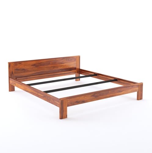 Image of Wooden King Size Bed Without Storage | Wooden Double Bed Cot Bed for Bedroom Furniture | Palang Double Bed for Hotels | Basic Headboard | Solid Sheesham Wood | Honey Finish