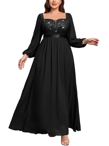 Image of MISSMAY Women's Plus Size Sequin Lace Square V Neck Sheer Long Sleeves Formal Evening Chiffon Long Dress