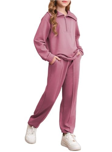 Image of blibean Girls Fall Sweatsuit Sweatshirt Jogger Pants Sets Size 12-13 Pink | Teen Girls Fall Knit Half Zipper Collar Solid Two piece Outfits Big Kids Casual Daily Sports Sets