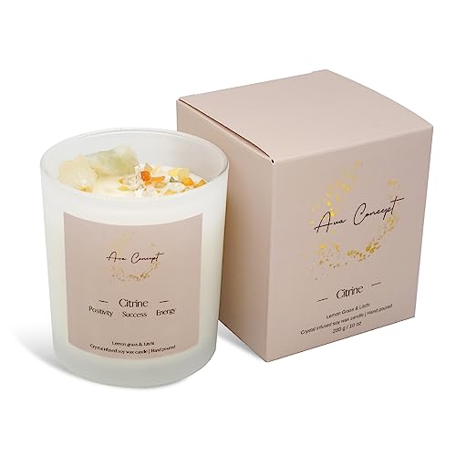 Healing Crystal Candle with Clear Quartz Crystals, Lemon Grass & Litchi Scented
