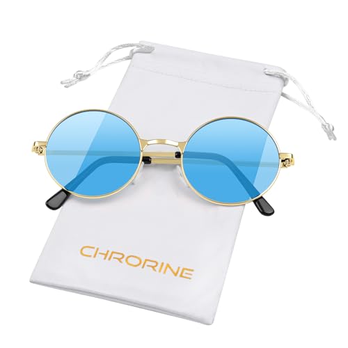 CHRORINE CHORINE Hippie Sonnenbrille Rund Retro Stil der 70er Jahre für Damen und Herren Party Accessoire Festival Mode Vintage Sonnenbrille (Goldenes Gestell Blaue Gläser)