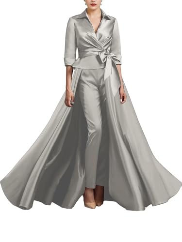 3 Pieces Jumpsuit Elegant Mother of The Bride Dress for Wedding Satin 3/4 Sleeve Wedding Guest Dresses with Bow