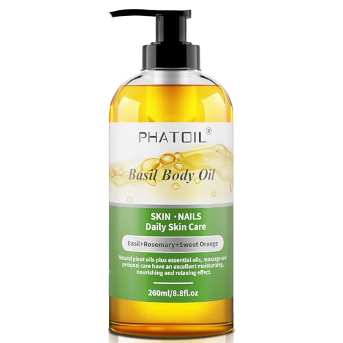 Image of PHATOIL Basil Body Oil with Pump, 260 ml (8.8 fl.oz) Multi-Purpose Massage Oil Basil Oil, Blends of Natural Plant Oils and Essential Oils, Great for Skin Care, Body Oils for Women and Men