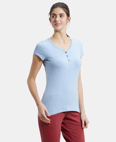Image of Jockey UL03 Women's Super Combed Cotton Elastane Stretch Slim Fit Solid V Neck Henley Styled Half Sleeve T-Shirt