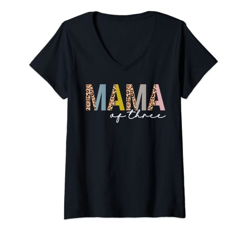 Mujer Leopard Mama Of Three For New Mom - Anuncio de embarazo Camiseta Cuello V