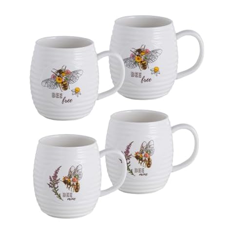TEATALK 13 OZ Porcelain Coffee Mugs Set of 4, Ceramic Coffee Mug, Bee Tea Cup Set, Cappuccino Cups Set of 4, Kitchen Drinkware Gifts, White Large Coffee Mug Cover