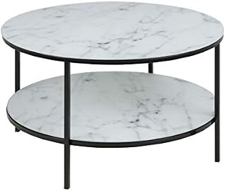Amazon Brand - Movian Rom Round Coffee Table with 1-Shelf, 80 x 80 x 45 cm, Glass Top with White Marble Effect/Black Metal Frame