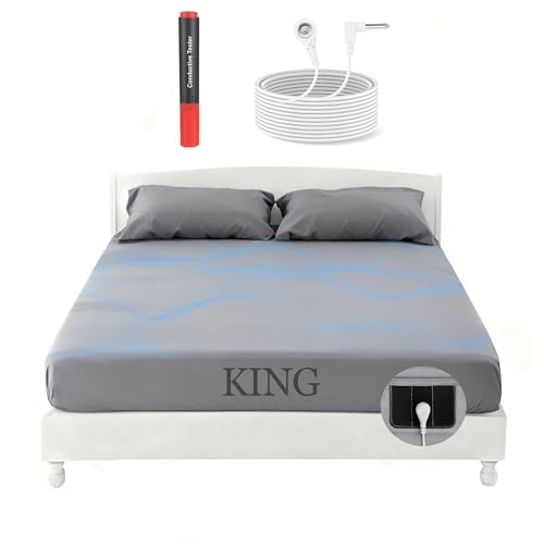 Grounding Sheets King, 88% Organic Cotton & 12% Silver Fiber Fitted Grounded Sheet, Earthing Fitted Sheet with Ground Connection Cord for Pain Relief & Improved Sleep (King, 72.5'x 80'x 15', Gray)