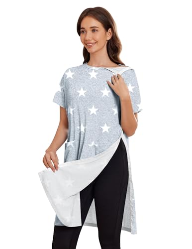 Image of Deyeek Women's Post Shoulder Surgery Hospital Gowns Tear Away Short Sleeve Full Open Side Snap Adaptive Clothing Nightgowns