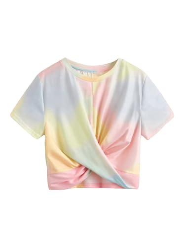 Image of Verdusa Girl's Tie Dye Twist Front Crop T Shirt Round Neck Short Sleeve Tee Tops Pink 10Y