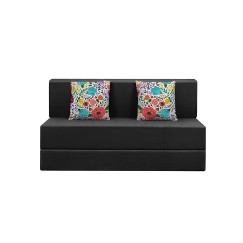 Image of Rosebell Foldable Two Seater Sofa Cum Bed, Sofa Bed 4X6 Feet, Jute Fabric- with Cushion Perfect for Home & Office - Black-Color