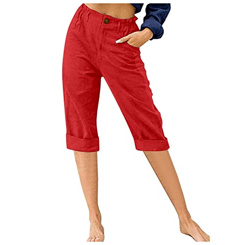 Womens Capri Pants Linen Elastic Waist Pant Lightweight Capris Loose Straight Leg Pants Beach Outfits with Pockets