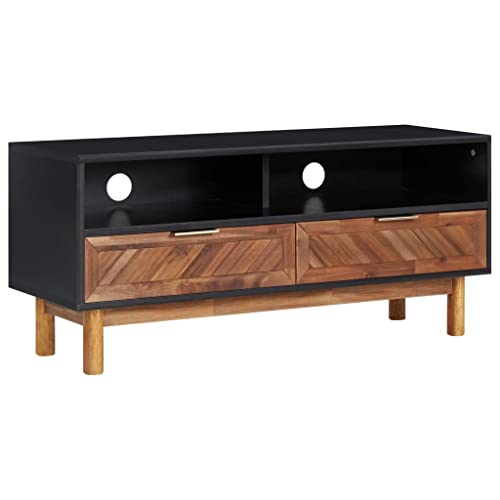 Teenpull Meuble TV en Bois d'acacia Massif et MDF 100x35x45 cm avec 2 tiroirs, étagère, poignées Aluminium doré, Meuble TV pour Salon et Chambre, Console...