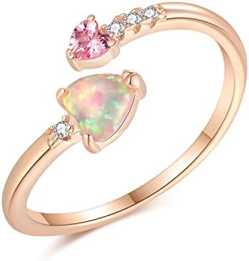 Larsidor 14K Rose Gold Plated Adjustable Heart Opal Ring for Women Teen Girls Ladies Stacking Rings Pink Fire Opal Jewelry