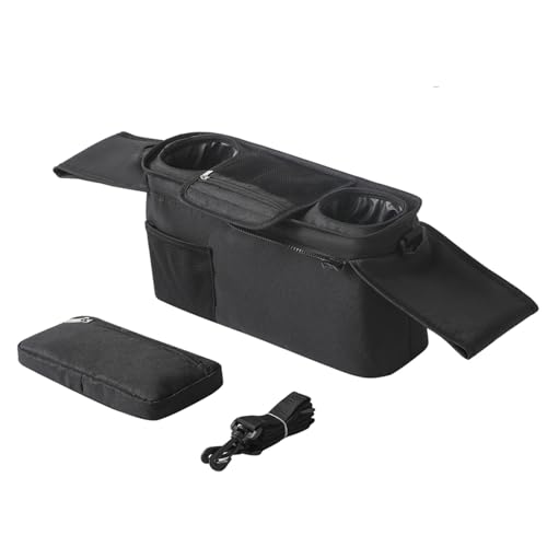 Stroller Organizer with 2 Insulated Cup Holder, Waterproof Oxford Pushchair Caddy Organizer, Detachable Pocket, Adjustable Shoulder Strap, Pram Bag Portable for Baby Essentials (Black-1pc)