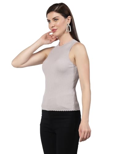 Image of Kalt Womens Knitted, Ribbed Cotton Fitted Sleeveless Round Neck Cami Tank Top