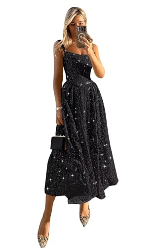 Tea Length Prom Dresses for Women Sparkle Sequin A Line Corset Midi Dress Formal Gown