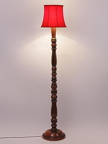Image of Cylindrical Drum Floor Lamp with Wooden Base - Height 57 Inches, Red | Modern Standing Lamp for Home, Living Room, Bedroom & Office | Elegant Lighting Decor | Cotton
