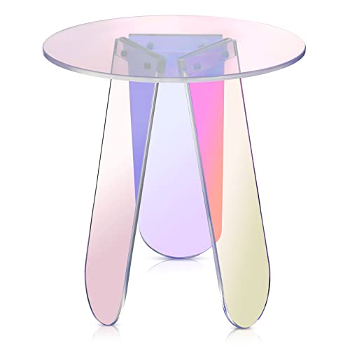 Acrylic Round Clear Iridescent Side Table Rainbow Acrylic Coffee Table Rainbow Colors End Tables Modern Accent Night Stand Iridescent Table For Bistro Office (Iridescent Style, 17.8 X 17.8 X 4.3 Inch) #TOP6