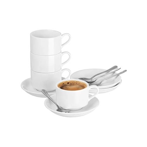 Meichu 2.5oz Espresso Cups Set of 4, Demitasse cups and Saucers with Spoons for 4, Expresso Shot Cups for Espresso Machine-White