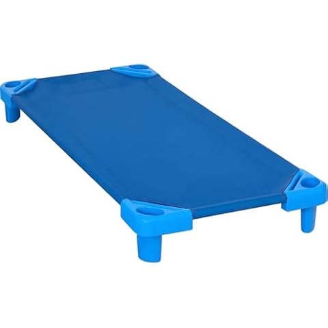 KORE Design Stackable Standard Cot, Durable Nap Cots for Toddlers, Portable Stackable Design, Comfortable Childrens Cot Bed for Daycare Preschool, Round Legs, Blue, (52x23x7) Cover